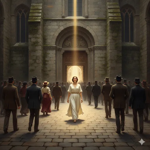 降りしきる雨の中、一筋の光が差し込む古い聖堂で、自らの良心に従って行動する人物の背中。