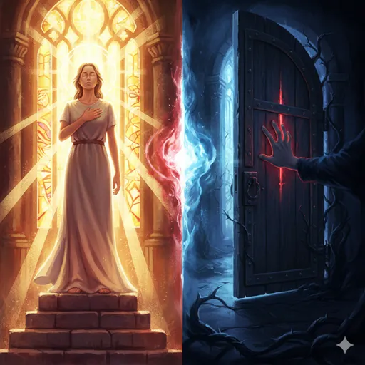 自分の胸に手を当てて天を仰ぐ人物（確信犯）と、周囲を警戒しながら鍵を開けようとする人物（故意犯）を対比させた、光と影の演出が印象的なイメージ。