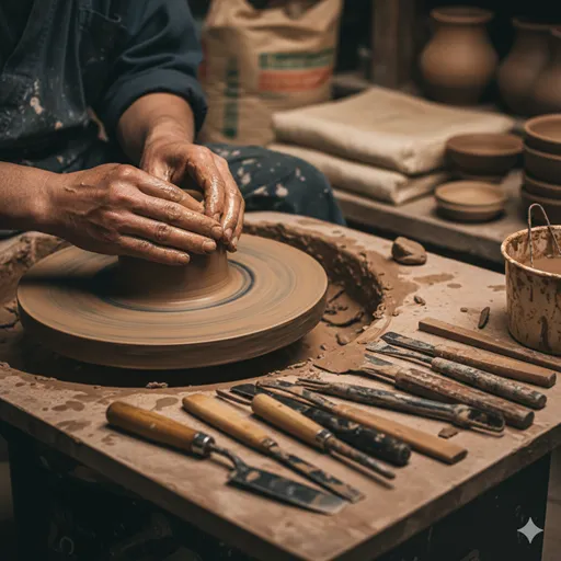 職人の使い込まれた手が、土を練り、形を作っている温かみのある光景。