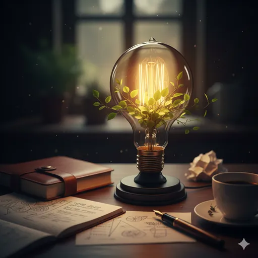 暗い部屋の中で、一つの電球が明るく灯り、そこから新しいアイデアが芽吹くように植物が伸びている幻想的なイメージ。