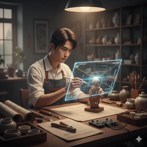 暗い書庫の中で、古い巻物や道具が現代的なライトに照らされ、そこから新しいデザインが生まれていくクリエイティブな光景。