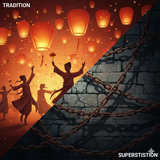 提灯が灯る賑やかなお祭りの光景（風習）と、重い石壁に絡みつく古い鎖（因習）を対比させたイメージ。