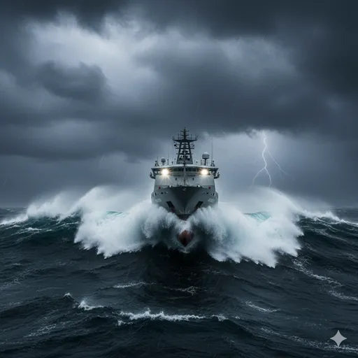 荒波の中を進む船の舳先（へさき）と、波飛沫をあげて突き進む力強いアクション。