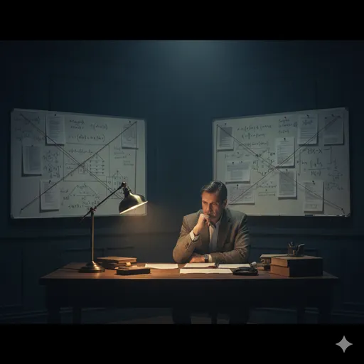 窓際の静かなデスクで、壁に貼られたデータや写真を繋ぎ合わせ、深い思索にふける人物。