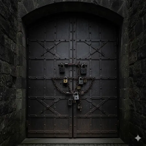 重厚な鉄の扉が幾重にも施錠され、外部を拒絶している古い金庫。