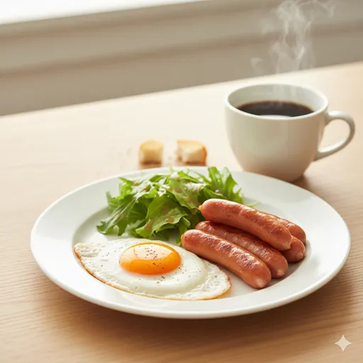 窓からの朝日に照らされた、ウインナーと目玉焼きが並ぶ理想的な朝食の風景。