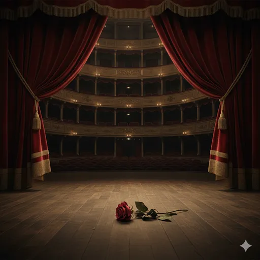 誰もいなくなった古い劇場の舞台に、一筋のスポットライトが当たり、重厚な幕がゆっくりと閉じようとしている風景。