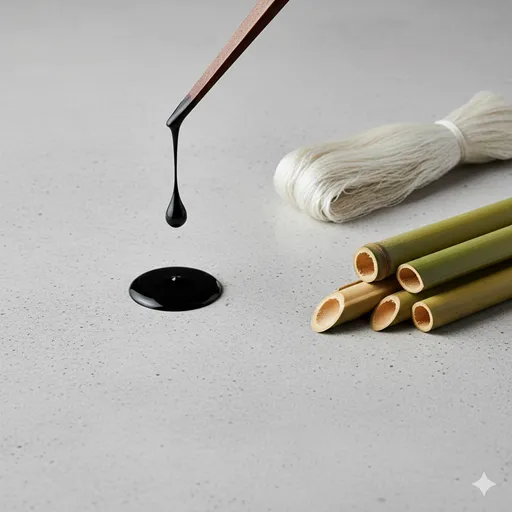 日本の伝統素材（漆、絹、竹など）が厳選され、整然と並べられた、高い品質基準を象徴するイメージ。