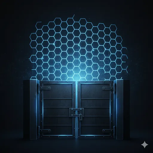 幾何学的な光のバリアや、強固なゲートが不審な侵入を物理的にストップさせているイメージ。