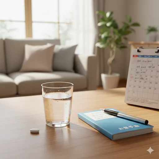 水の入ったコップと一粒の錠剤、そしてカレンダーとお薬手帳が並んだ、薬を飲む行為と管理を象徴するイメージ。