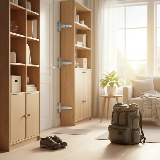 家具がしっかり固定された安全な部屋で、避難用リュックと靴を準備して備えている様子。