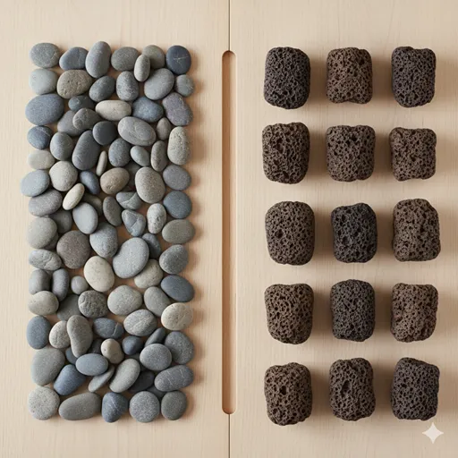 白と黒の石が、一本の明確な筋によって左右にきれいに分けられている禅の庭のような風景。