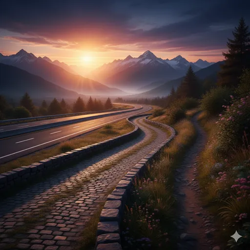 広大な大地に、まっすぐな舗装路、森へ続く小道、そして地平線へ続く旅路が交差するパノラマ風景。