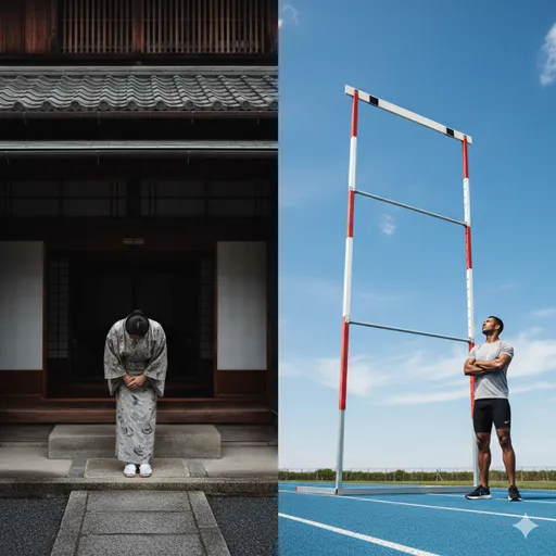 和室の敷居の前で申し訳なさに立ち止まる人物と、競技用の高いハードルを見上げるランナーを対比させたイメージ。