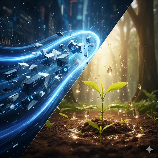 重い船を力強く押し出すスクリューの波紋と、植物の成長を促す柔らかな光と水が重なり合うイメージ。