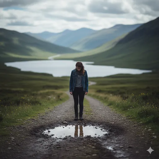 広い景色を無視して、足元の小さな水たまりやぬかるみをじっと見つめ、立ち止まっている様子。