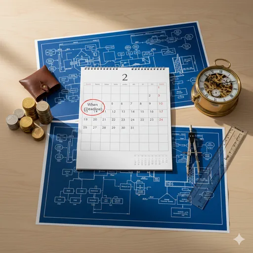 カレンダー、時計、予算を示すコインの山、そして詳細な工程が記された青写真が整然と並んでいるデスク。