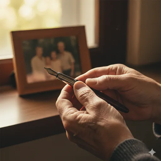 祖父のものと思われる古い万年筆を、若い手がそっと握りしめているクローズアップ写真。