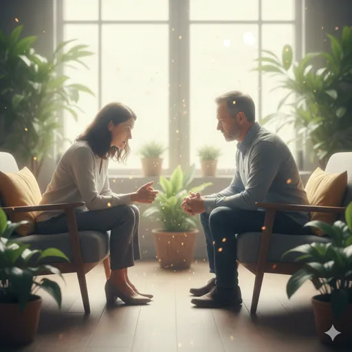 穏やかな光が差し込む部屋で、二人の人物が等身大で向き合い、深い共感の中で言葉を交わしている風景。