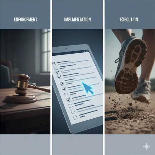 裁判所のハンマー、チェックリスト、そしてゴールテープを切るランナーを対比させた、ルール・計画・アクションを象徴するイメージ。