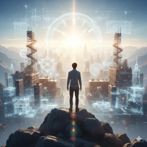 高い場所から、全てがクリアに見渡せる広大な地平線を見つめる人物。