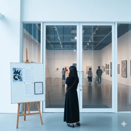 美術館や展示会場の入り口で、自分の名前が載った名簿を確認して喜ぶ人の後ろ姿。