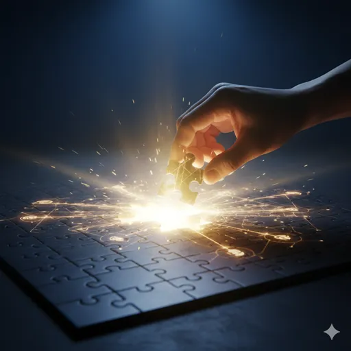 暗闇の中で一つのパズルのピースが完璧に嵌まり、全体像が完成して光を放つ様子。