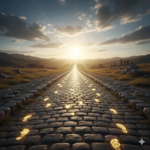 過去から未来へと続く一本の道と、そこを照らす朝日。