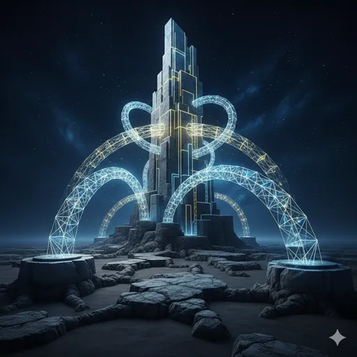 地面に深く打ち込まれた石の基礎（根拠）と、その上に架けられた精密な黄金の橋（論拠）を俯瞰したイメージ。