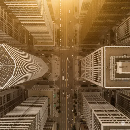 太陽が真上にあり、建物の影が最も短くなっている街並みの風景。