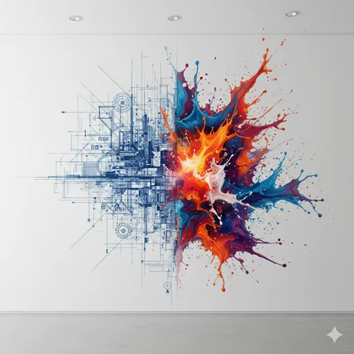 緻密に描かれた肖像画と、その背後から溢れ出す鮮やかな絵具の飛沫。意図的なデザインと自然な発露の対比。