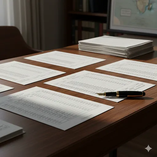 自身の状況をありのままに書き記し、社会に対する責任を果たすことを象徴する、整然とした書類と万年筆。