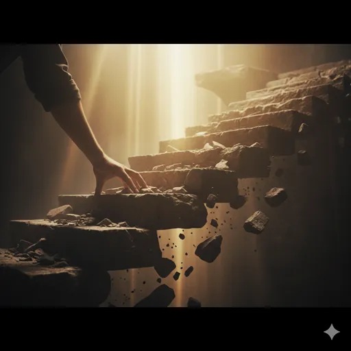 暗闇の中に浮かぶ、いくつもの崩れた石段。しかしその先には明るい出口が見える、成長のプロセスとしての象徴。