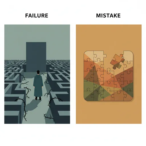 迷路の前で立ち止まる人と、散らばったパズルのピースを対比させた、戦略的な挫折と部分的な過失を象徴するイメージ。