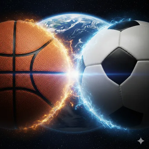 オレンジ色のバスケットボールと白黒のサッカーボールが、地球を背景にダイナミックに配置されたイメージ。