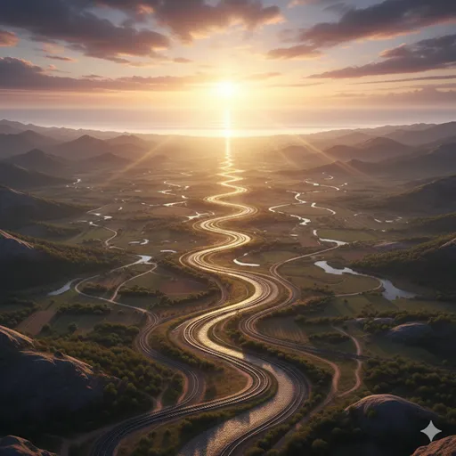 多くの道が一つに集約され、輝く海や空へと繋がっていく開放的な景色。