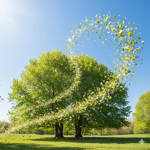 風に吹かれて無数の木の葉が舞い上がり、軽やかに流れていく様子。