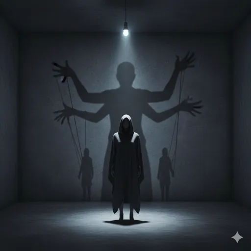 暗い部屋でマリオネットのように糸で操られている人物の影と、巨大な手のシルエット。