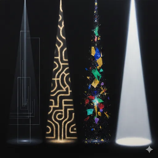 四つの異なる光（スポットライト、透過する光、鮮明なレンズ、太陽の光）が交差し、視界が晴れていく抽象的なイメージ。