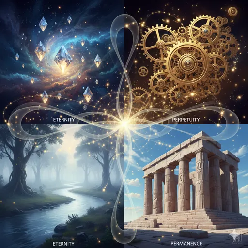 宇宙の星々、黄金の歯車、大河の流れ、そして堅牢な神殿の柱を組み合わせた、四つの無限を象徴する幻想的なコラージュ。