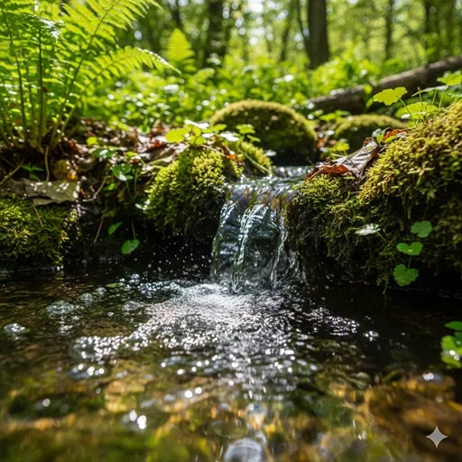 岩の間から清らかな水が絶え間なく湧き出し、溢れている美しい泉。