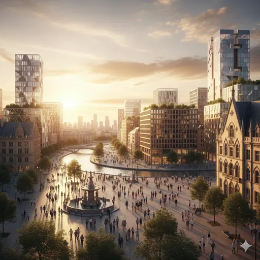 美しく整備された街並みと、そこで受け継がれる伝統的な祭りが共存する、理想的な未来の風景。