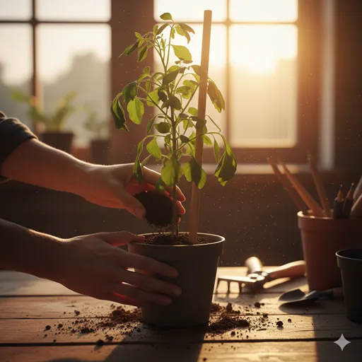 枯れかけた植物に水をやり、再び上を向くように支柱を立てるケアの風景。