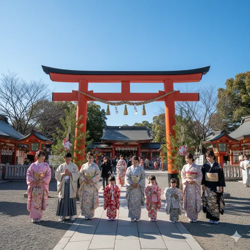 一日全体の流れを感じさせる、青空の下の神社と参拝客の様子。