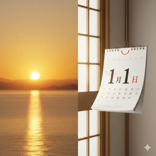 地平線から昇る鮮やかな初日の出（元旦）と、新しいカレンダーの1月1日（元日）を象徴的に配置したイメージ。