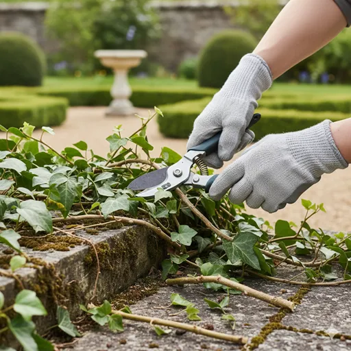 伸びすぎた蔓をハサミで切り整え、秩序を取り戻そうとしている庭師の手元。