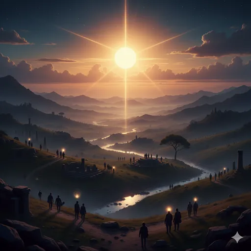 地平線から昇る太陽と、その光を受けて広大な知識の海へと漕ぎ出す一艘の船。