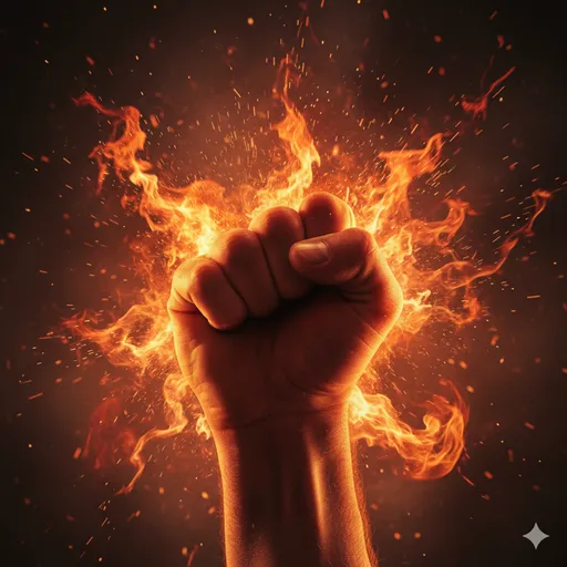 暗闇の中で一本の松明が激しく燃え上がり、周囲を照らし出しながらも短時間で燃え尽きようとしている様子。