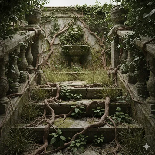  放置された庭の石壁や地面を、鋭いトゲを持つ雑草や蔦が隙間なく埋め尽くしている様子。