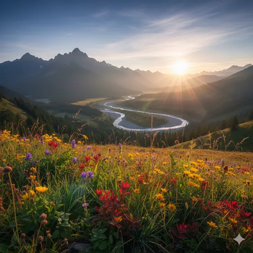 澄み渡った空気のなか、遠くの山嶺までがはっきりと見える、調和のとれた美しい朝の風景。